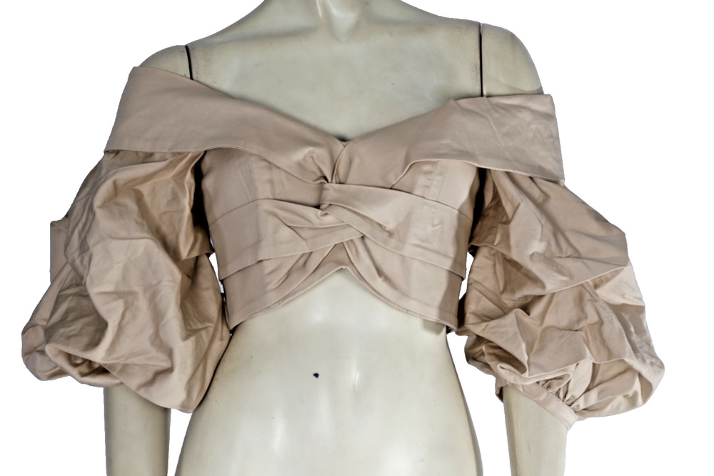 Johanna Ortiz Mestizo Beige Taffeta Off-The-Shoulder Puff Sleeve Crop Top Size S